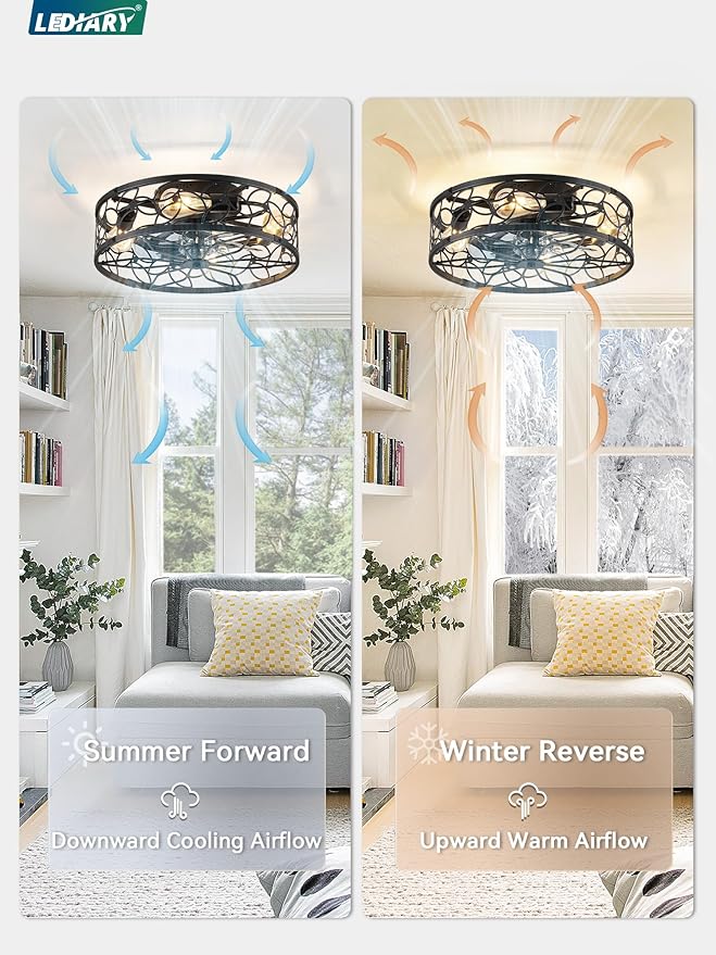 LEDIARY Caged Ceiling Fan with Light, Flush Mount Fandalier with Remote | Low Profile, Farmhouse Small, Bladeless Industrial, Quiet DC Motor, App Control for Bedroom, Kitchen, Dining Room, Black