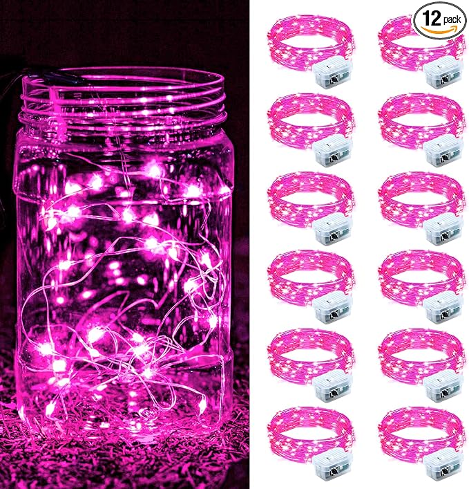 ZGWJ 12 Pack Pink Fairy Lights, Mini String Lights | Battery Operated 7 FT 20 LED Waterproof 3 Modes for DIY, Parties, Wedding, Halloween, Christmas Decoration