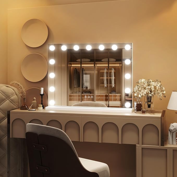 ROLOVE 23"x18" Hollywood Vanity Mirror with Lights, 15 Dimmable LED Bulbs, led Makeup Mirror with 3 Color Modes, Lighted Vanity Mirror for Tabletop or Wall-Mounted