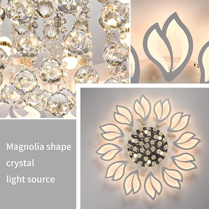 Garwarm 40.7 Inch Modern Crystal Flower LED Ceiling Light with Remote,White | Low-Profile Dimmable Flush Mount Chandelier with Memory for Large Living Room, Bedroom, Dining Room, Kitchen and Office