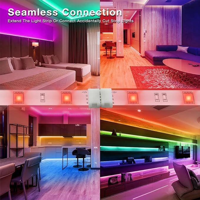 DAYBETTER 20 Pcs 4 Pin Led Light Connectors, 10mm Wide Led Connectors Unwired Gapless Solderless Adapter Clips for SMD 5050 RGB Multicolor Strip Lights, Strip Connectors for DIY