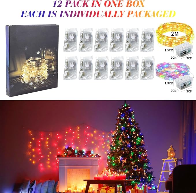 ZGWJ 12 Pack Fairy Lights, Mini String Lights, Warm and Multicolor | Battery Operated 7 FT 20 LED Waterproof 3 Modes for DIY, Parties, Wedding, Halloween, Christmas Decoration