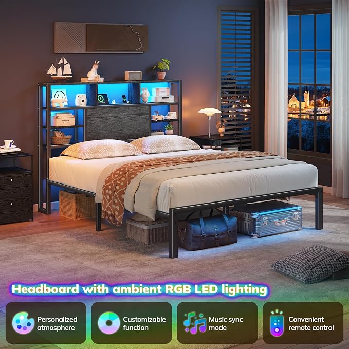 Homkdom Full Bed Frame with Storage Headboard and Charging Station，Black | LED Lights，12.2" Under-Bed Storage，Supports up to 1100 LBS，No Box Spring Needed，Noise-Free,Easy Assembly