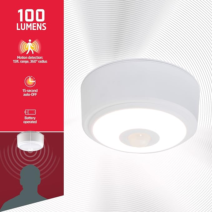 Energizer Motion Sensor Ceiling Light, Battery Operated, 100 Lumens | 15 Foot Motion Detection, Hands Free Lighting for Closet, Pantry, and Utility Room, Wireless Ceiling Light Fixture