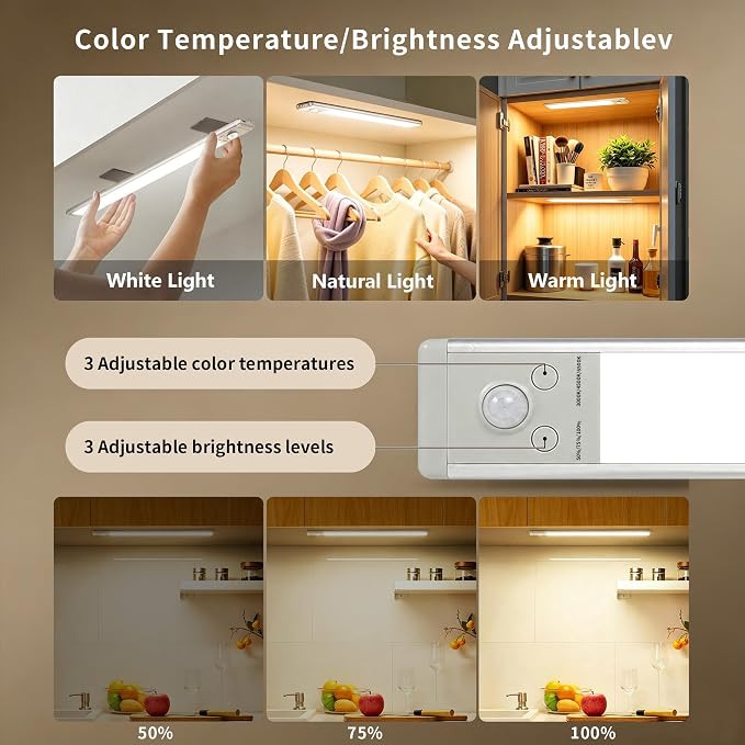4Pack Under Cabinet Lighting Wireless Rechargeable Sensor Light Indoor with 3 Color Temps & Dimmable Led Lights,Magnetic Under Counter Lights Decorative Light for Kitchen/Stairs/Bedroom (9.5in)