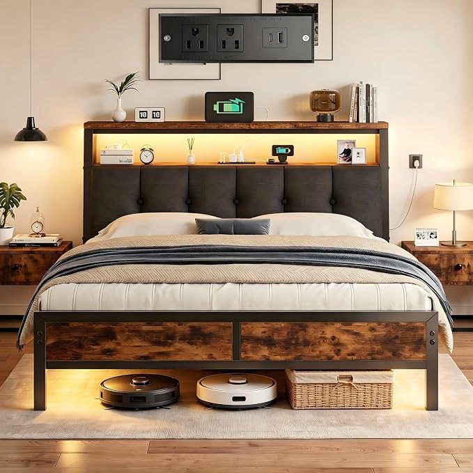 Homkdom Queen Bed Frame with Storage Headboard & Charging Station | Linen Upholstery, 2-Tier Shelf, 2 AC Outlets, Type-C, RGB LED Remote, 12in Underbed Clearance, 1000 lbs, No Box Spring, Brown