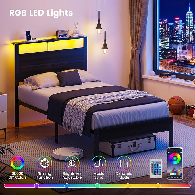Twin Size Bed Frame with LED Lights and USB Charging Station | Black Metal Platform Bed with Storage Headboard, Noise Free, No Box Spring Needed, Easy Assembly