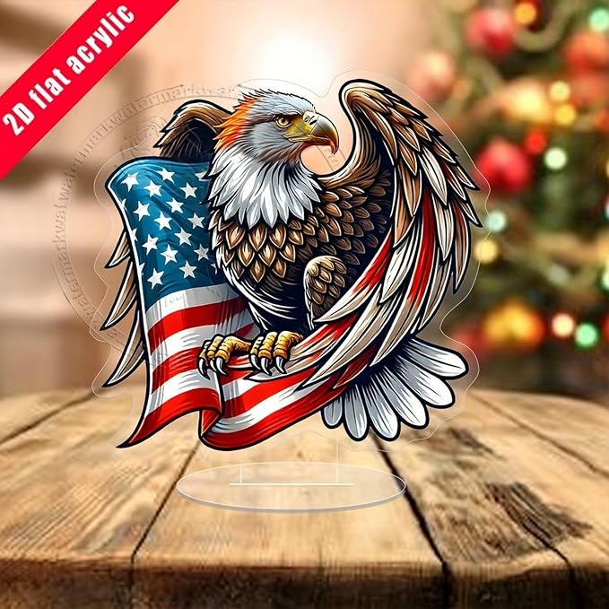 4th of July Desktop Decorative Acrylic USA Flag Eagle Ornaments Decoration 2D Flat Statue Desk Ornament Independence Day Ornaments for Home Desk Dining Table Bookshelf Decorations