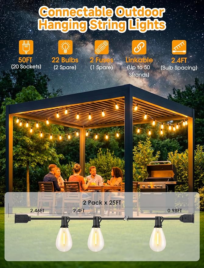50FT(2X25FT) LED Outdoor String Lights, 22 Edison S11 Bulbs, Black | Plug in, Dimmer not included, Dimmable, Waterproof, Shatterproof, Connectable Hanging Lights for Garden Umbrella Decor