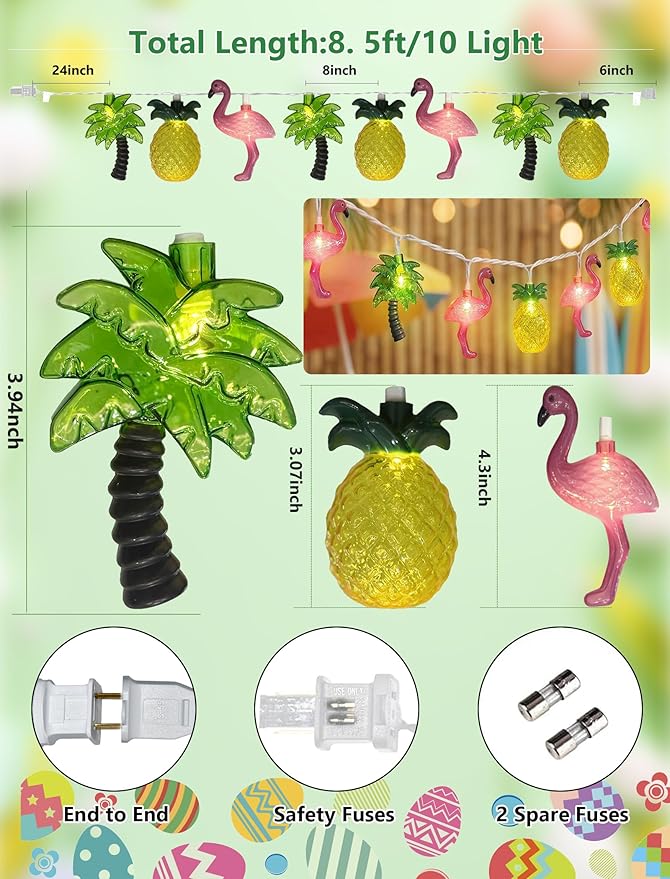 8.5Ft Summer Beach Hawaiian String Lights Outdoor with 10 LED Flamingo Pineapple Palm Tree Lights, Plug in Tropical Party Decorations Lights for Patio Backyard Garden Window Tiki Bar Pool Party Decor