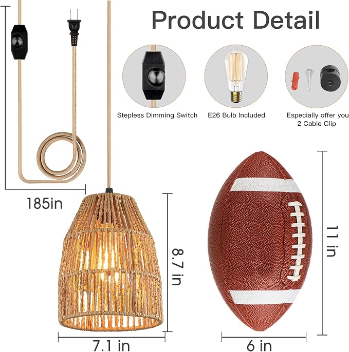 Plug in Pendant Light, Hanging Lights with 15ft Golden Cotton Cord & Stepless Dimming Switch, Handwoven Hemp Rope Lampshade, Boho Hanging Lamp for Bedroom,Hallway (Bulb & 2 Swag Hooks Included)