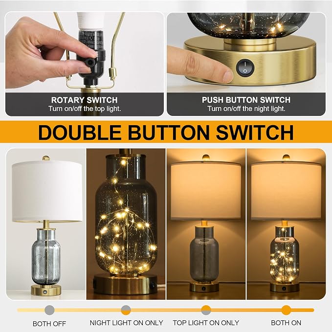 22" Glass Table Lamps Set of 2, Gray Modern Bedside Lamp with LED Night Light for Living Room, Nightstand Lamp with USB Ports for Bedrooms, Study Room, End Table(2 Bulbs Included)