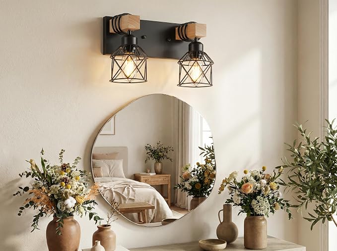 2-Light Farmhouse Vanity Light Fixture, Wood Bathroom Light Fixtures Over Mirror, Industrial Black Vanity Light with Metal Lampshade for Bedroom Hallway Living Room