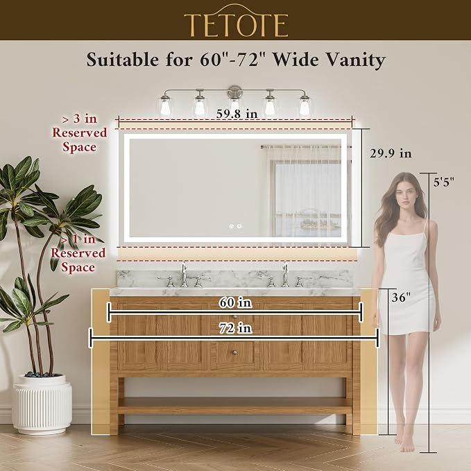 60 x 30 LED Lighted Bathroom Mirror with Lights, Brighter Front and Backlit Light up Mirror for Bathroom Vanity Wall, 3-Color Dimmable Illuminated Antifog Mirror, Waterproof, Tempered Glass