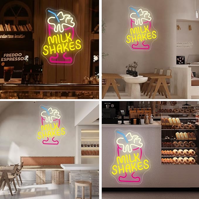Milk Shakes Neon Sign, Colorful LED Ice Cream Light, USB Power | Dimmable Wall Decor Light-Up Signs for Dessert Shops, Restaurants, Bars, Fun Food Quote Neon Art Decoration for Room