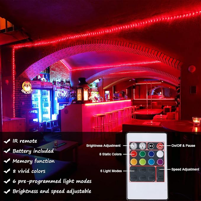 16.4ft RGB Strip Light Remote ETL Waterproof | 8 colors + multiple modes. Connectable up to 12 strips. 50,000hr lifespan. Indoor/outdoor for home, patio, Christmas.