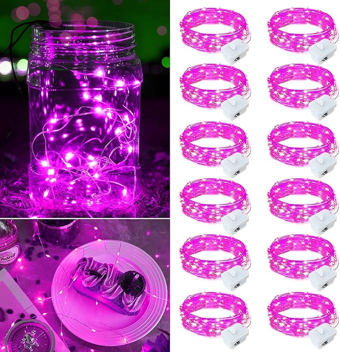 12 Pack Pink Fairy Lights Battery Operated, 7ft 20 LED Mini String Twinkle Lights for Valentine's Day Easter Christmas Halloween Mason Jars Centerpiece Table Decorations (12, Pink)