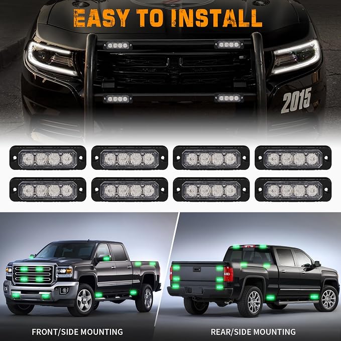 8PCS Sync Grill Strobe Lights 32 LED Green Emergency Lights | Grille Surface Mount Warning Safety Hazard Caution Light for Tow Plow Trucks Construction Vehicles, Car, ATV, UTV, Motorcycle