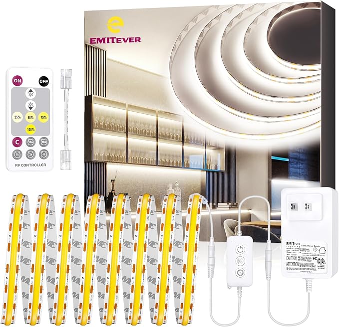 EMITEVER Neutral White COB Strip Light Kit 4000K,16.4ft 2400LEDs Dimmable | CRI 90+,305+LM/ft,ETL 24V 48W power supply & remote included,UL listed Strip for living room,kitchen,under cabinet & shelving