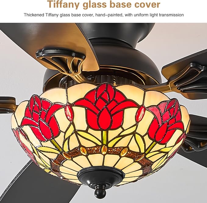 Tiffany Ceiling Fans with Lights-52"Ceiling Fan Chandelier and Glass Shade | 52" Ceiling Fan Chandelier with 5 Dual-Blades and Glass Shade, 6 Speeds and Reversible, Indoor and Outdoor, Retro Style
