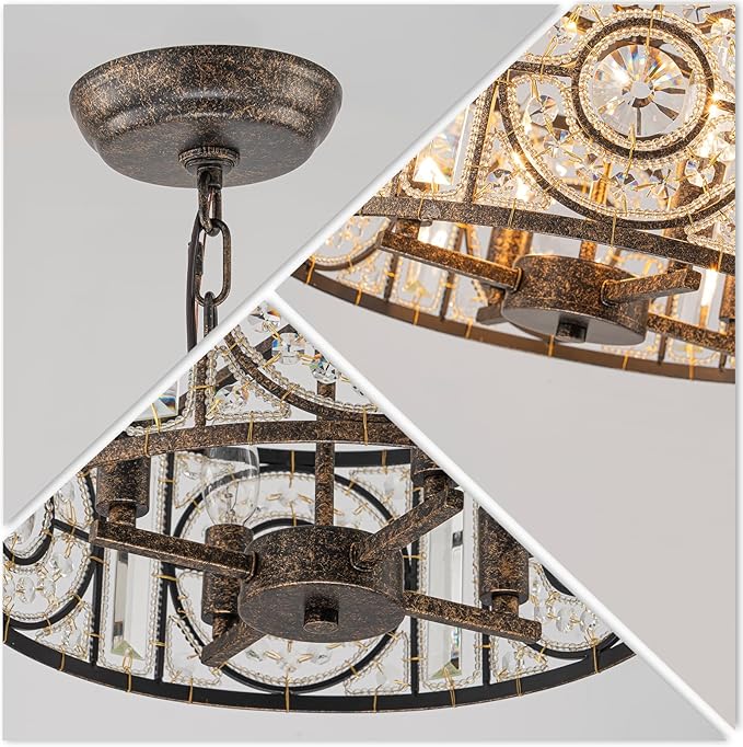 Bronze Vintage Crystal Chandeliers for Dining Room 14.17" Drum Pendant Lights, Dining Room Light Fixtures Over Table, Hanging Chandelier for High Ceiling Kitchen Island Living Room Foyer