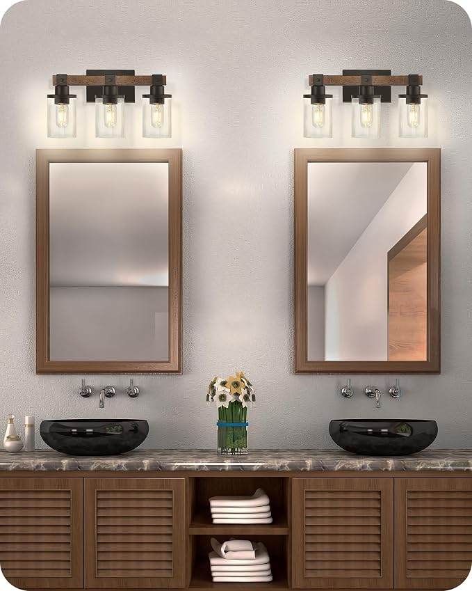 3-Light Bathroom Light Fixture, Farmhouse Vanity Lights for Bathroom with Glass Shade, Rustic Bathroom Light Fixtures, E26 Base F08BD05