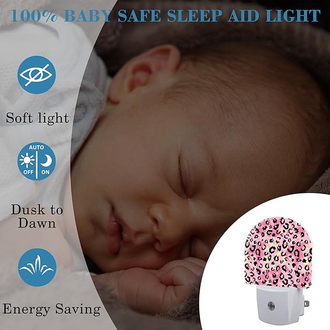 Plug in Night Lights Pink Watercolor Leopard Skin Nightlight Plug Into Wall Dusk to Dawn Sensor LED Night Light for Kid Girls Boys Room Decor, Hallway, Kitchen, Bathroom, Nursery, Stairs