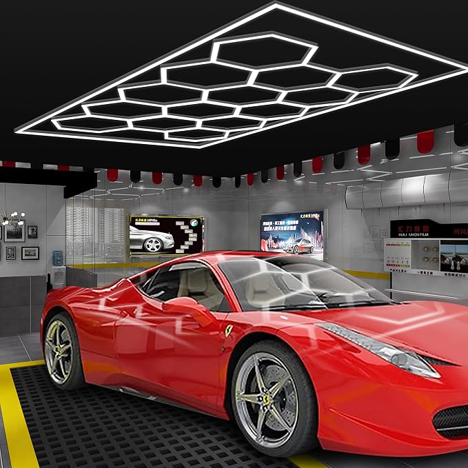 MODERN Hexagon Lights: 14 Grid Systems Honeycomb Light With Rectangle Frame, 86400LM 720W 6500K for Garage, Car Detailing Workshop and Exhibition Hall