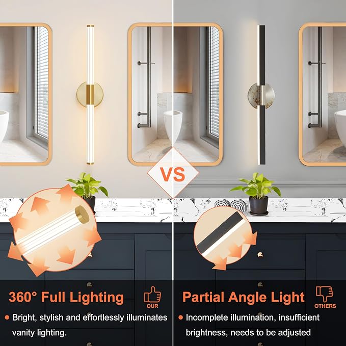 Gold Wall Sconces Set of Two Hardwired LED Vanity Light 23" | Dimmable 5CCT LED Bathroom Light Fixtures, 360° Full Lighting, Modern Vanity Light Bar for Bathroom Mirror