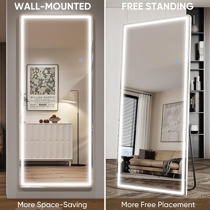 Antok LED Full Length Mirror with Light, 71"x28" Lighted Full Body Mirror with Stand, Dimmable & 3 Color Lighting Standing/Leaning/Wall Mounted Vanity Mirror for Bedroom Cloakroom Livingroom(Rect)