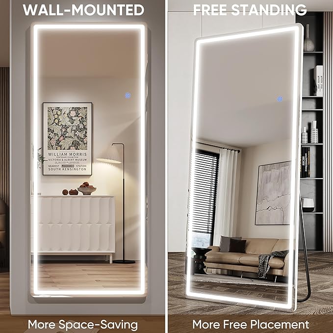Antok LED Full Length Mirror with Light, 76"x34" Lighted Full Body Mirror with Stand, Dimmable & 3 Color Lighting Standing/Leaning/Wall Mounted Vanity Mirror for Bedroom Cloakroom Livingroom(Rect)