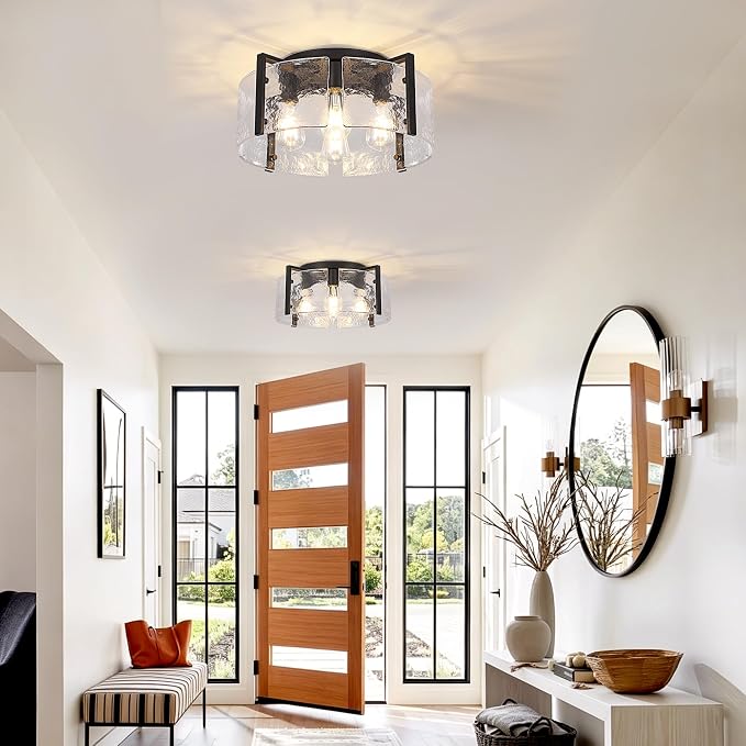 17.7'' Black Semi Flush Mount Ceiling Light, 4-Light Glass Ceiling Lights for Kitchen Island Modern Hallway Light Fixtures, Farmhouse Ceiling Mount Light for Entryway Hallway Bathroom Kitchen Bedroom