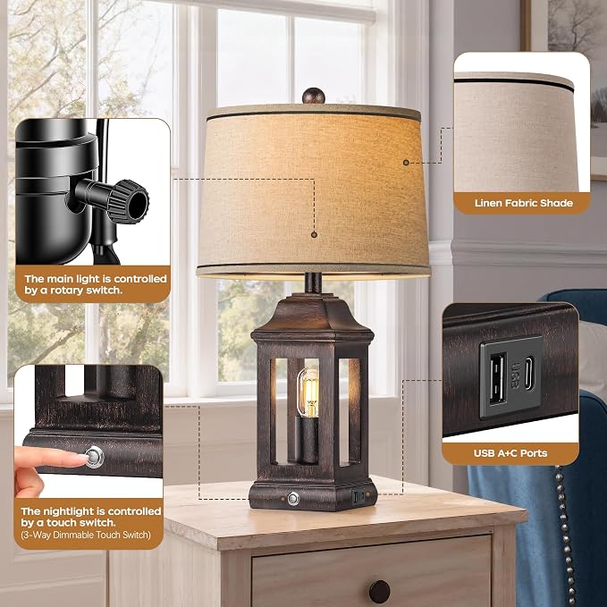 24" Rustic Farmhouse Table Lamps for Living Room, Single Pack Touch Dimmable Nightlight Vintage Bedside Lamps with USB A+C Ports & Dual Light Sources for Bedroom Nightstand End Table, Antique Black