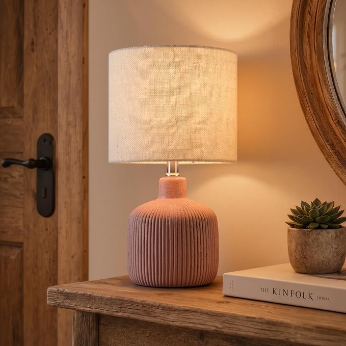 Ceramic Table Lamp, 17.75" Rustic Farmhouse Bedside Lamp with Beige Linen Shade, Warm Ambient Nightstand Lighting for Bedroom or Living Room, Painted Terra