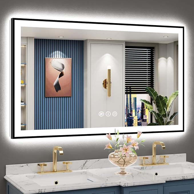 50x30 Black LED Bathroom Mirror, Backlit & Front Lit Lighted Mirror | Metal Framed Anti-Fog Vanity Mirror with Lights, 3 Color Dimmable, Memory, HD Tempered Glass, CRI95, UL Listed, Wall Mounted