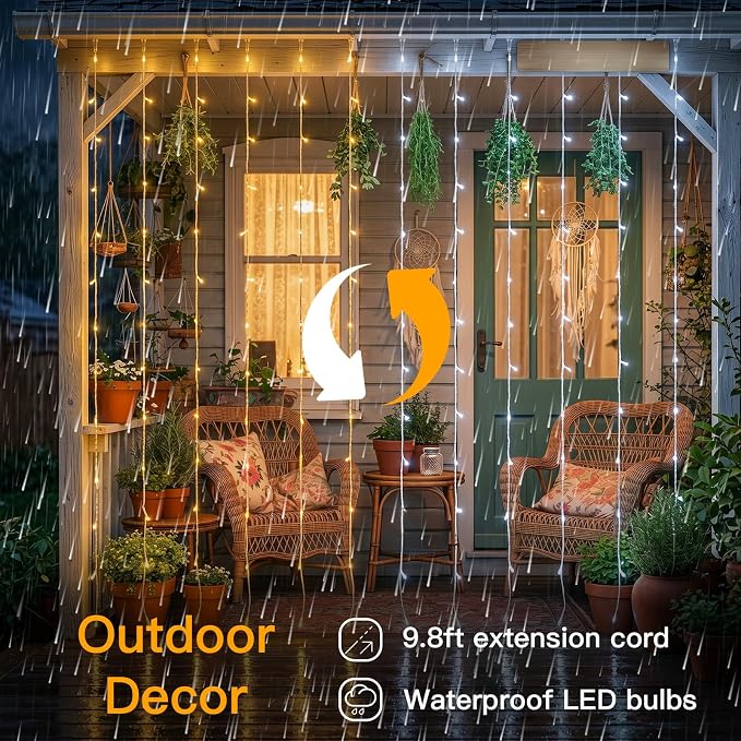 Color Changing Curtain Lights, 200 Led Hanging Lights Outdoor, Fairy Curtain Lights Indoor for Christmas, Dorm, Wall, Backdrop, Window, Wedding, Party, Birthday Decor, Warm White & White