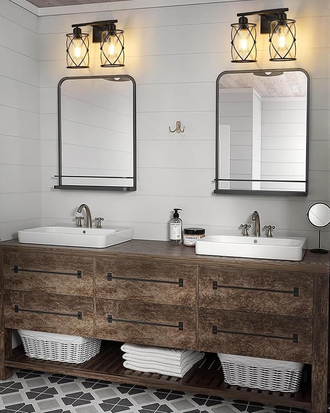 2-Light Black Bathroom Light Fixtures, 13.8 Inch Modern Bathroom Vanity Lighting Fixtures Over Mirror with Clear Glass and Metal Cage Wall Sconce Lights for Bath, E26, CH9176BK-2W