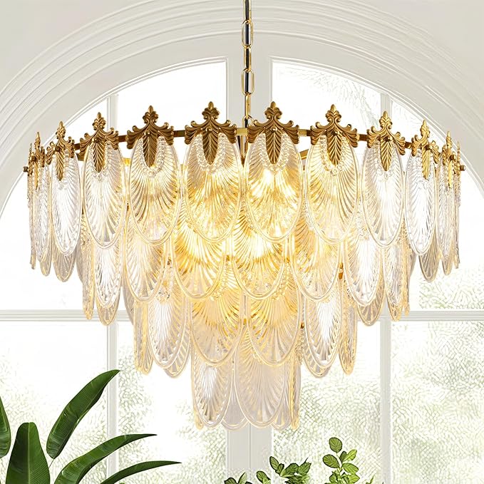 Modern Large Crystal Chandelier, 4-Layer Gold Glass Chandelier, 12 Light Round Antique Ceiling Pendant Light, 31.5 Inchs Adjustable Height for Foyer, Living Room, Bedroom, Dining Room