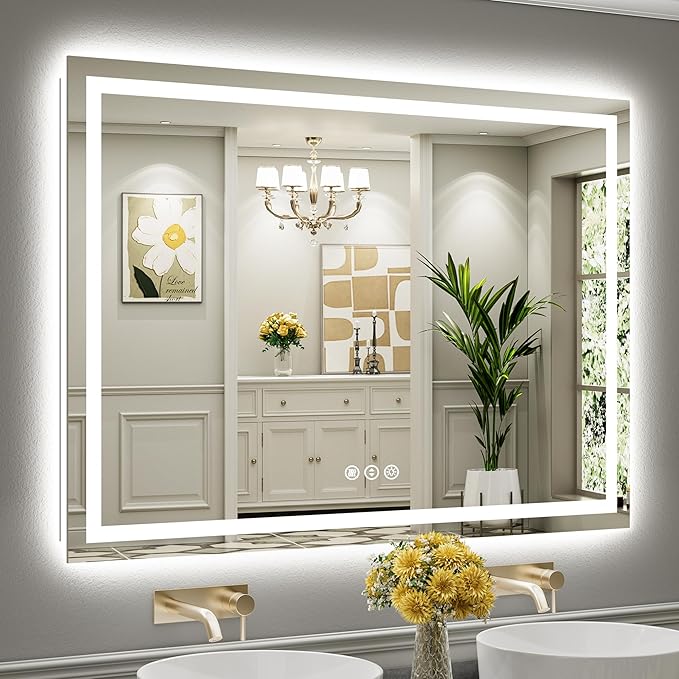 55x40 Inch LED Bathroom Mirror with Lights, Backlit & Front Lit | Anti-fog, 3 Color Dimmable, Memory Function, HD Reflection Tempered Glass, ETL Listed, IP54 Waterproof