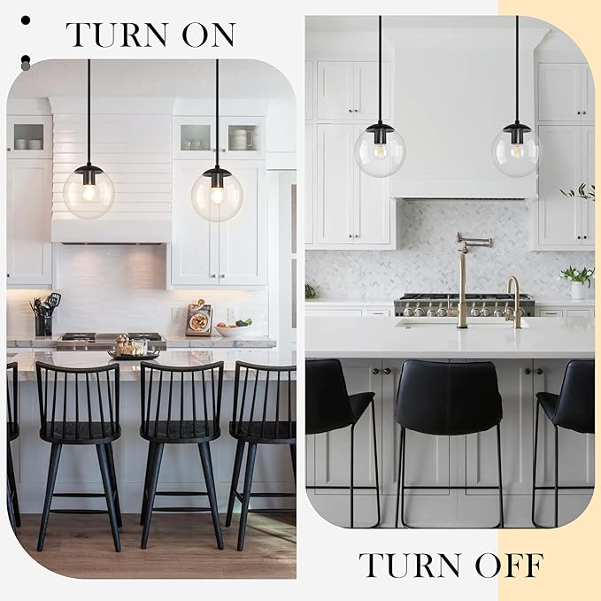 8" Globe Pendant Light Black 2 Pack Mid Century Pendant Light Globe Pendant Lights Kitchen Island Matte Black Finished with Clear Glass Adjustable Ceiling Light Fixtures for Dining Room Bar