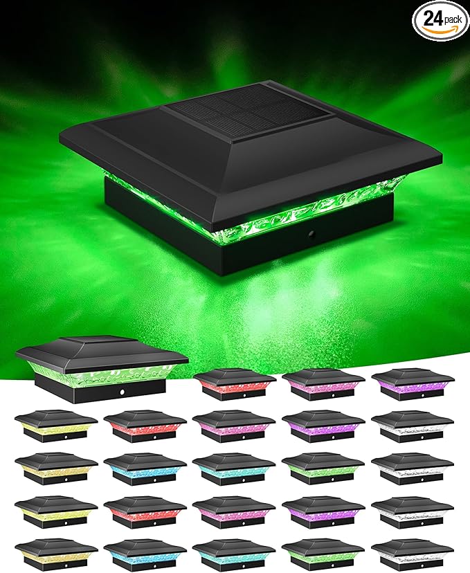 T-SUN Solar Post Cap Lights with Auto-Change Colors- for Vinyl/Wooden Posts IP65 Weatherproof Outdoor Solar Fence Post Lights for Deck, Porch, Garden & Stairs(24-Pack,RGB)