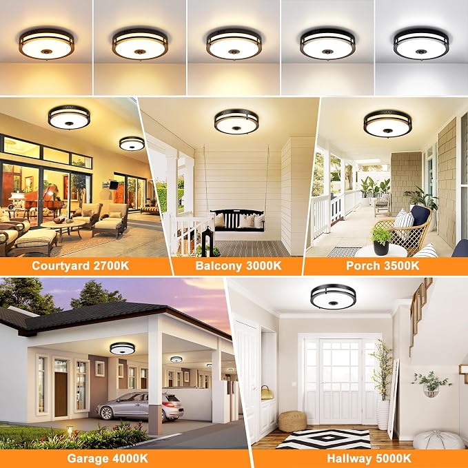 2-Pack 12" LED Motion Sensor Outdoor Ceiling Light, 5CCT, 24W | Dusk to Dawn, 2700K/3000K/3500K/4000K/5000K Dimmable, 4 Lighting Modes, Flush Mount Ceiling Light for Entryway, Garage, Black