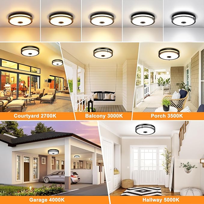 24W LED Motion Sensor Outdoor Ceiling Light, 12IN 2700K/3000K/3500K/4000K/5000K Adjustable Ceiling Lights, Dusk to Dawn Flush Mount LED Ceiling Light Fixture for Porch, Entryway, Garage