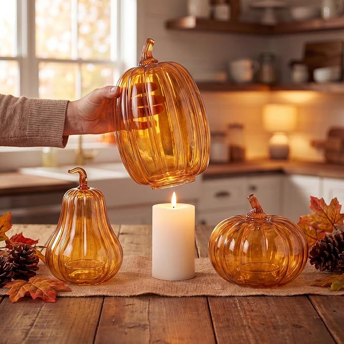 Yungyan Set of 3 Glass Pumpkin Lamp Shades Fall Decor,Orange | Pumpkin Candle Holder Rustic Thanksgiving Halloween Autumn Mantel Table Centerpiece Home Decoration, Lights Not Included