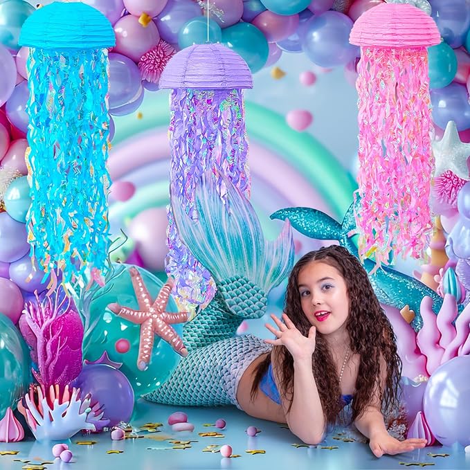 ADLKGG Pink Purple Blue Jellyfish Paper Lanterns, Under The Sea Party Decorations, Hanging Jelly Fish for Mermaid Birthday Ocean Themed Party Decorations, Baby Shower Classroom Decor, 6PCS