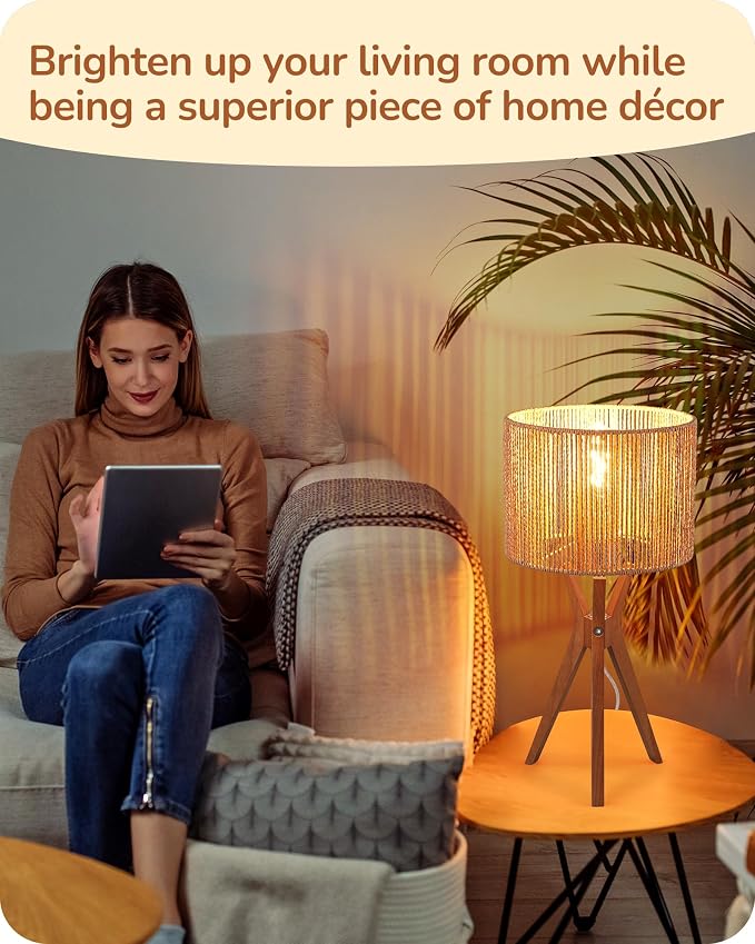 EDISHINE 17.5" Rattan Table Lamp, Handmade Paper Rope Woven Lampshade, E26 | Wood Bedside Lamp, ON-Off Switch, Triangular Wood Base, Modern Nightstand Lamp for Living Room, Bedroom, Office