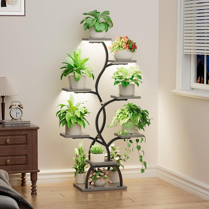 Plant Stand Indoor with Grow Light - 8 Tiered Corner Plant Shelf Indoor | 49" Plant Holder with Lights for Indoor Growing, Tall Lighted Flower Stand for Living Room, Balcony, Gray