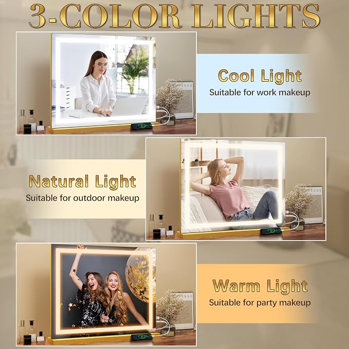 ROLOVE 23x18 Inch Gold Vanity Mirror with Lights, Detachable Magnifier | Desk Mirror with Light, 3 Color Modes, Stepless Dimming, Touch Control, Plug-In Power, Horizontal Wall Mount or Tabletop Use