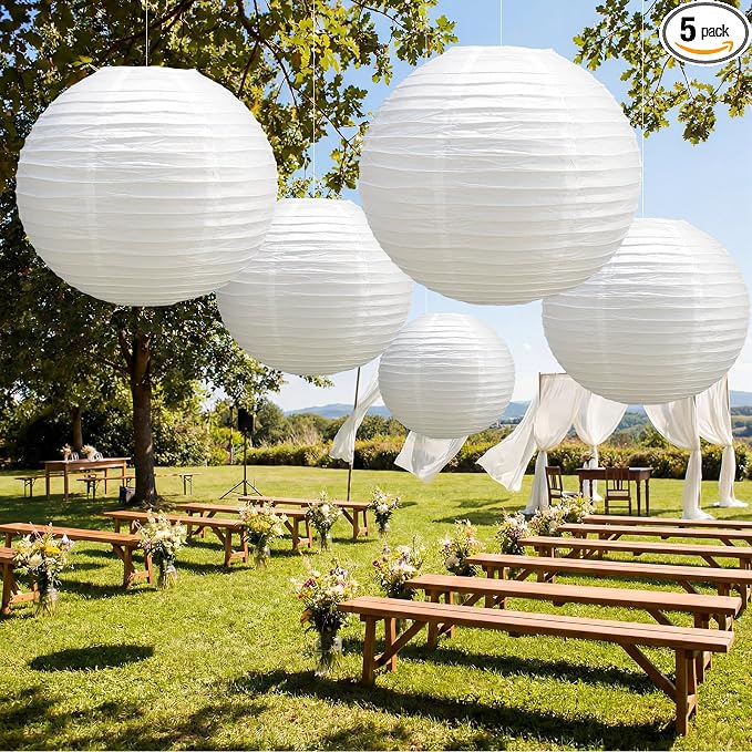 Glooglitter 5 Pcs 35.5 Inch Large White Paper Lanterns Gaint Chinese Moon Round Paper Lamp Japanese Jumbo Hanging Lanterns for Wedding Graduation Bridal Shower Birthday Party Supplies Decoration