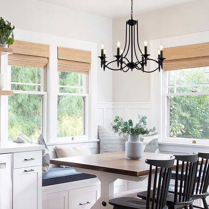 Industrial Candle Chandelier Modern Farmhouse Hanging Pendant Light Fixture with 8-Light Black Iron Classic Rural Candle Ceiling for Dining Room Living Room Bedroom Kitchen Island Foyer